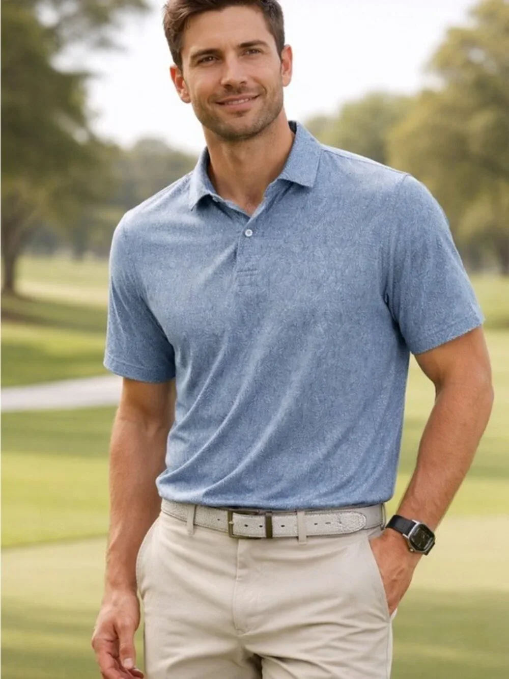 PGA Tour Blue Leaf Print Golf Polo Shirt Men’s Medium Casual Athleisure - Picture 2 of 9